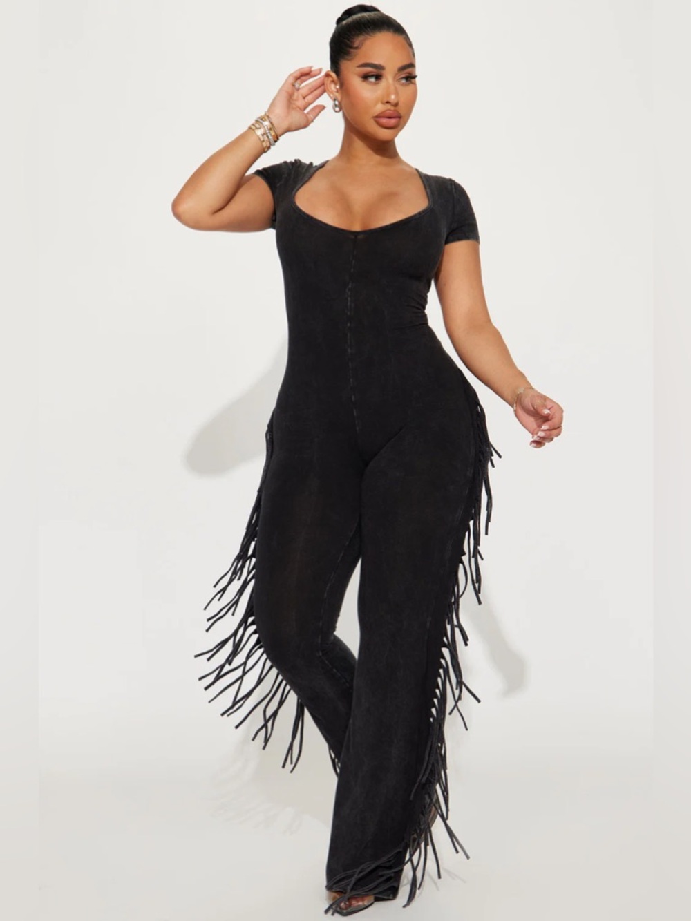 Fashion Nova Black Fringe-Side Short Sleeve Jumpsuit